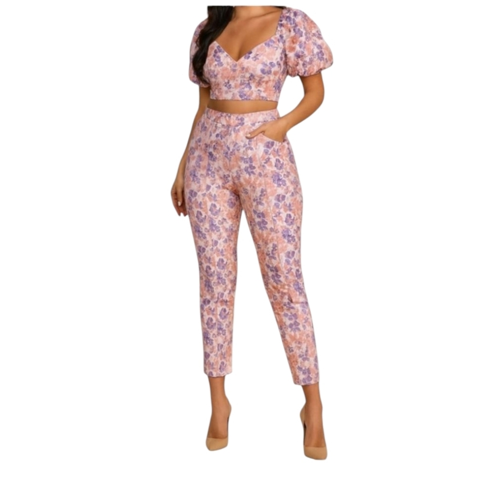 Show Po Floral Purple Jacquard Pink Set Balloon Sleeve Top Crop And Pant Set 8